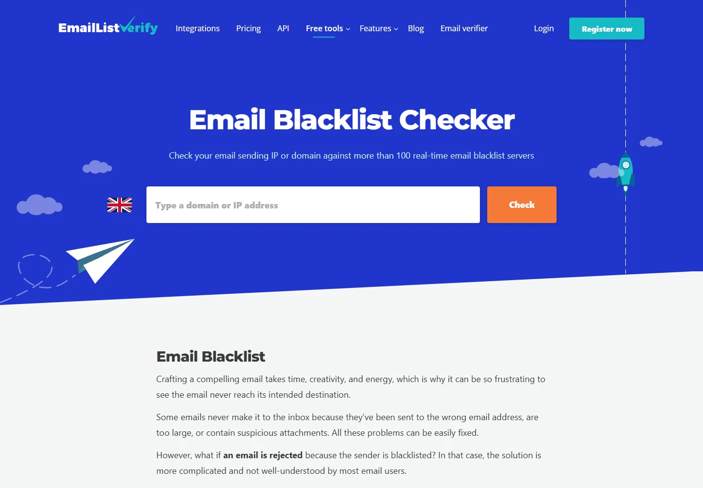 Email Blacklist Checker page on EmailListVerify