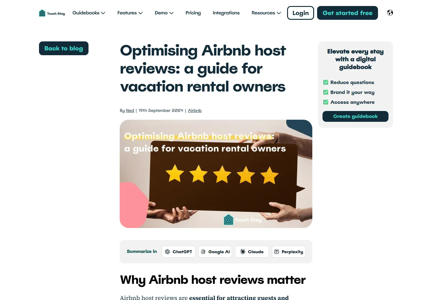 Guide to Airbnb host reviews page on Touch Stay