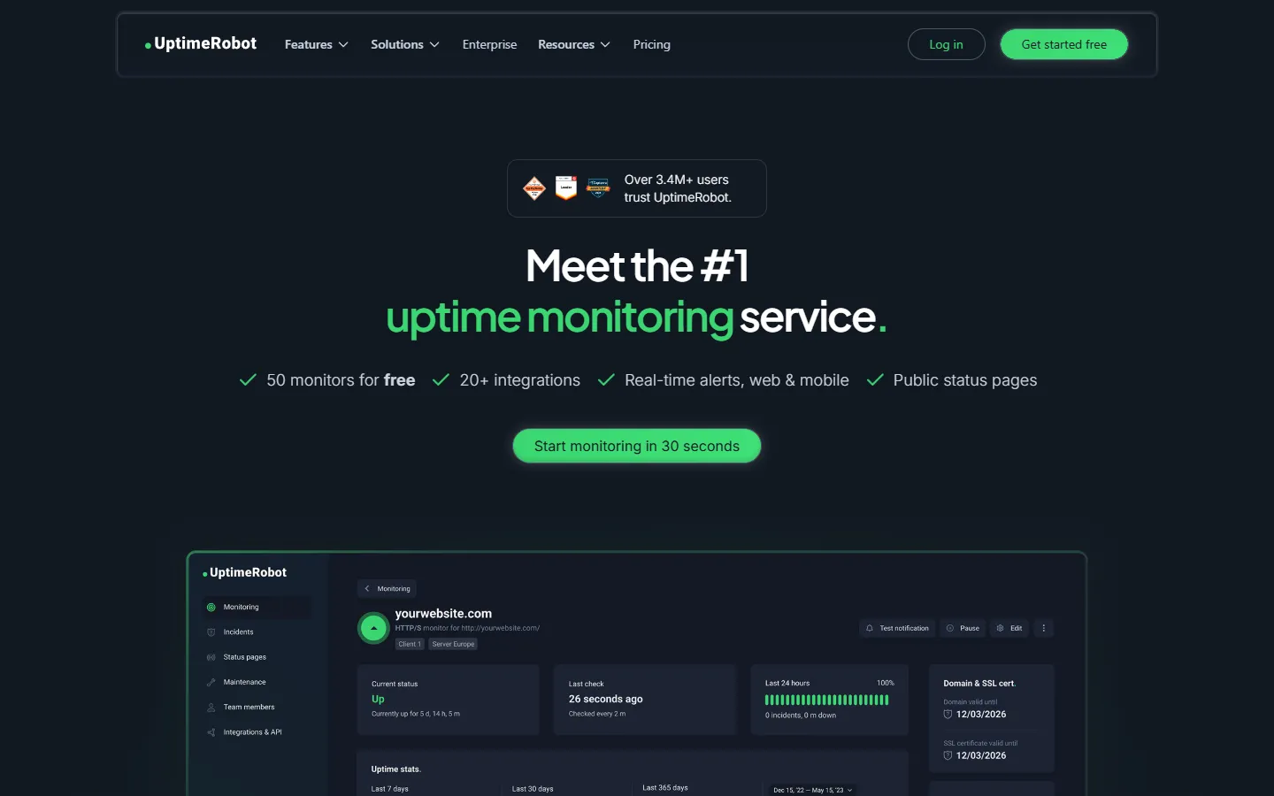 Homepage of UptimeRobot