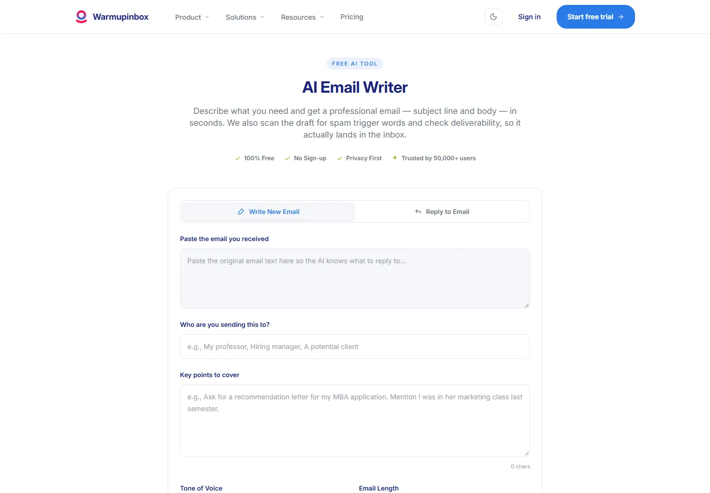 AI Email Writer page on Warmup Inbox