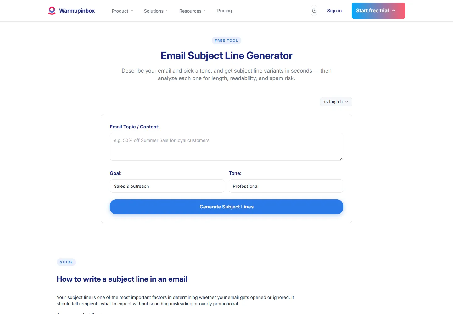 Subject Line Generator page on Warmup Inbox