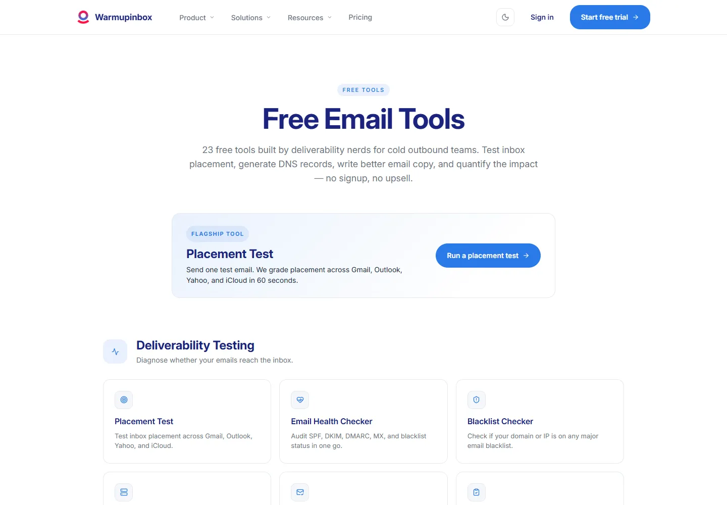 Free email tools page on Warmup Inbox